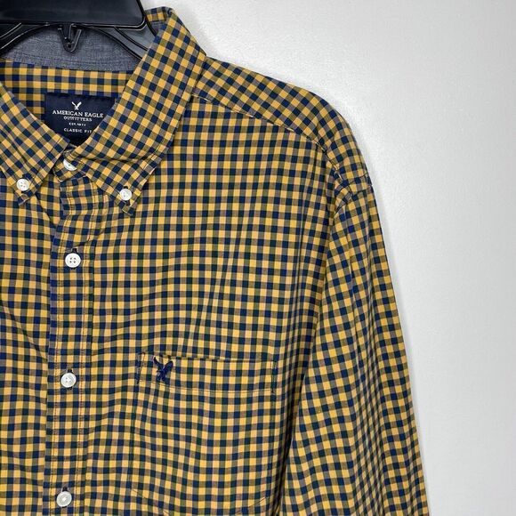 AMERICAN EAGLE AEO Mens Yellow Navy Check Button-Down Shirt Classic-Fit Sz XL - Picture 2 of 7